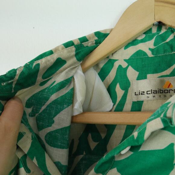 Vintage 80s Linen Blend Shirt Dress Modest Fit Flare 12 Resort Tropical Retro - Picture 3 of 12